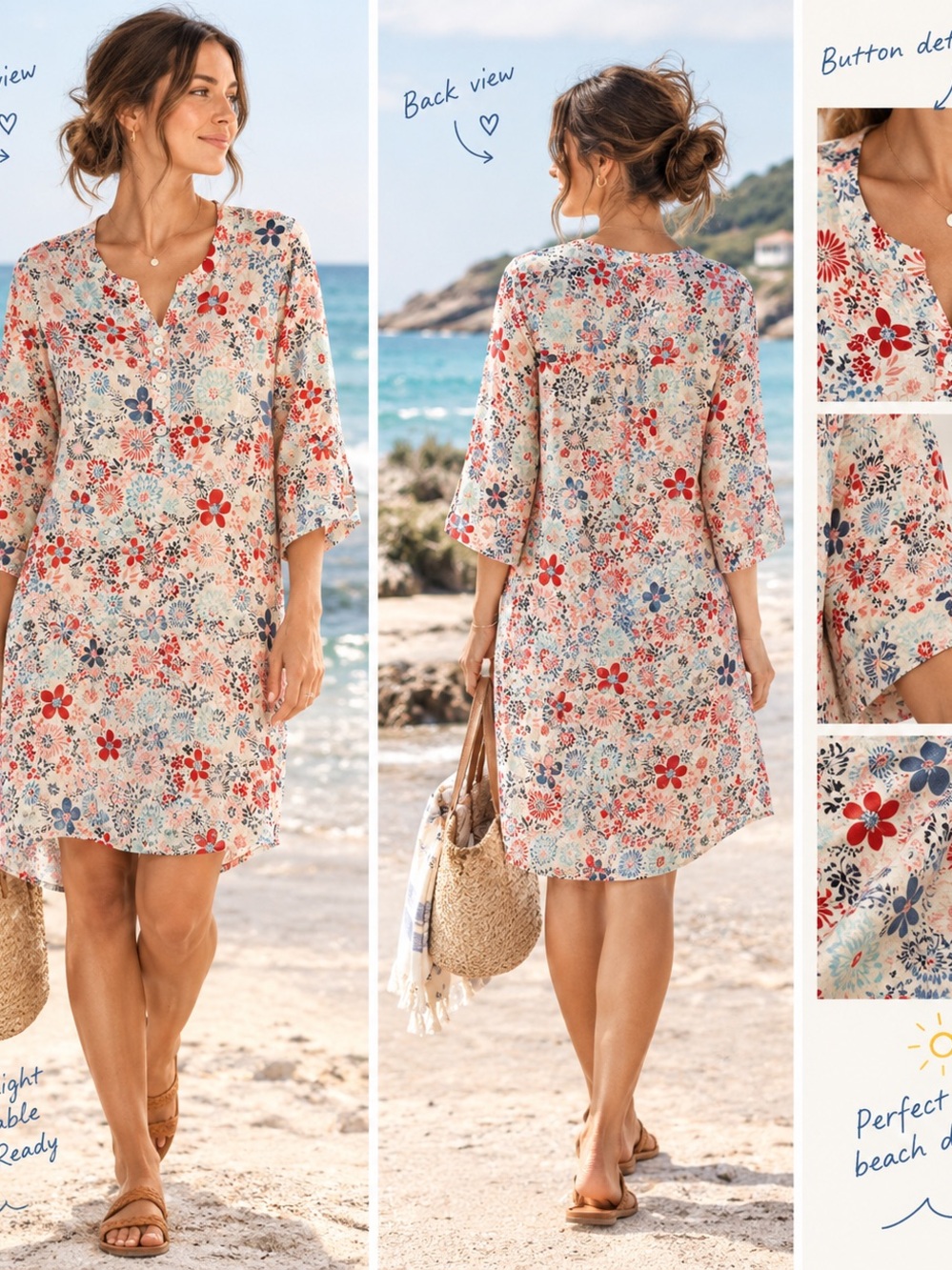Women's Floral V-Neck Beach Cover-Up Dress in Cream with Red & Blue Floral Print